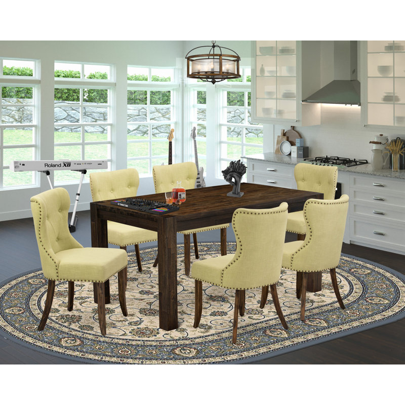 7 Piece Dining Set Consist of a Rectangle Rustic Wood Dining Room Table and 6 Limelight Linen Fabric Upholstered Parson Chairs, Distressed Jacobean