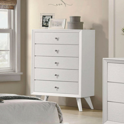 Tory Tall Dresser Chest, 5 Drawers W Bronze Knobs, Textured White Wood