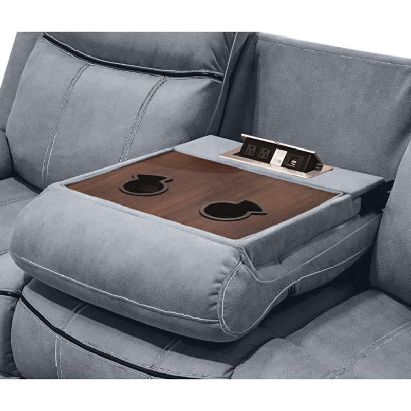 Zubaida Two Tone Grey Velvet Recliner Sofa w/USB Port & Drop Down Table