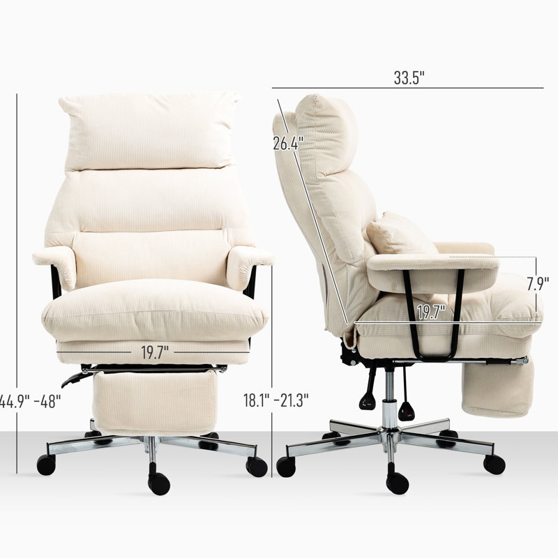 Fauteuil de bureau rembourré avec revêtement blanc crème, soutien lombaire et mouvement fluide. Confortable grâce à son dossier haut et silencieux, il s'incline à 160°.