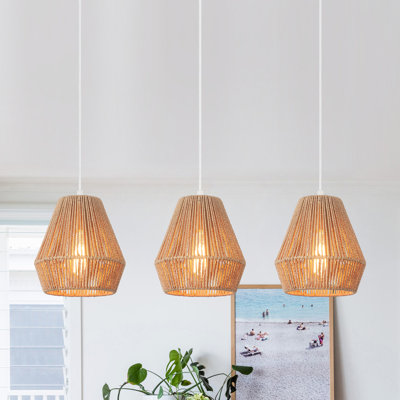  (Set Of 3)7 inch Rustic Paper Rattan Woven Pendant Light With Hand-Woven Basket Lampshade for Kitchen Island Dinning Room