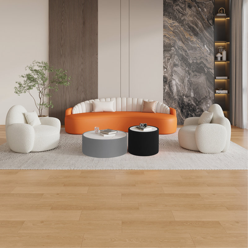 Table basse moderne en cuir clair avec plateau en marbre, Gris