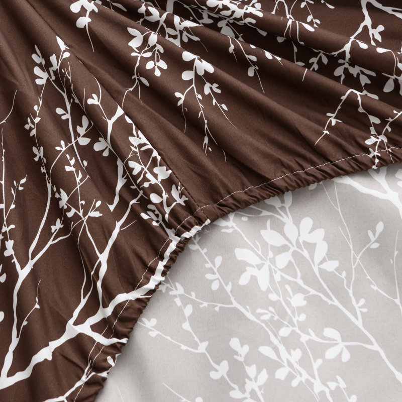 Ensemble de draps en microfibre Foliage, Chocolat / Ivoire, Drap pour taille de lit double avec drap-housse et