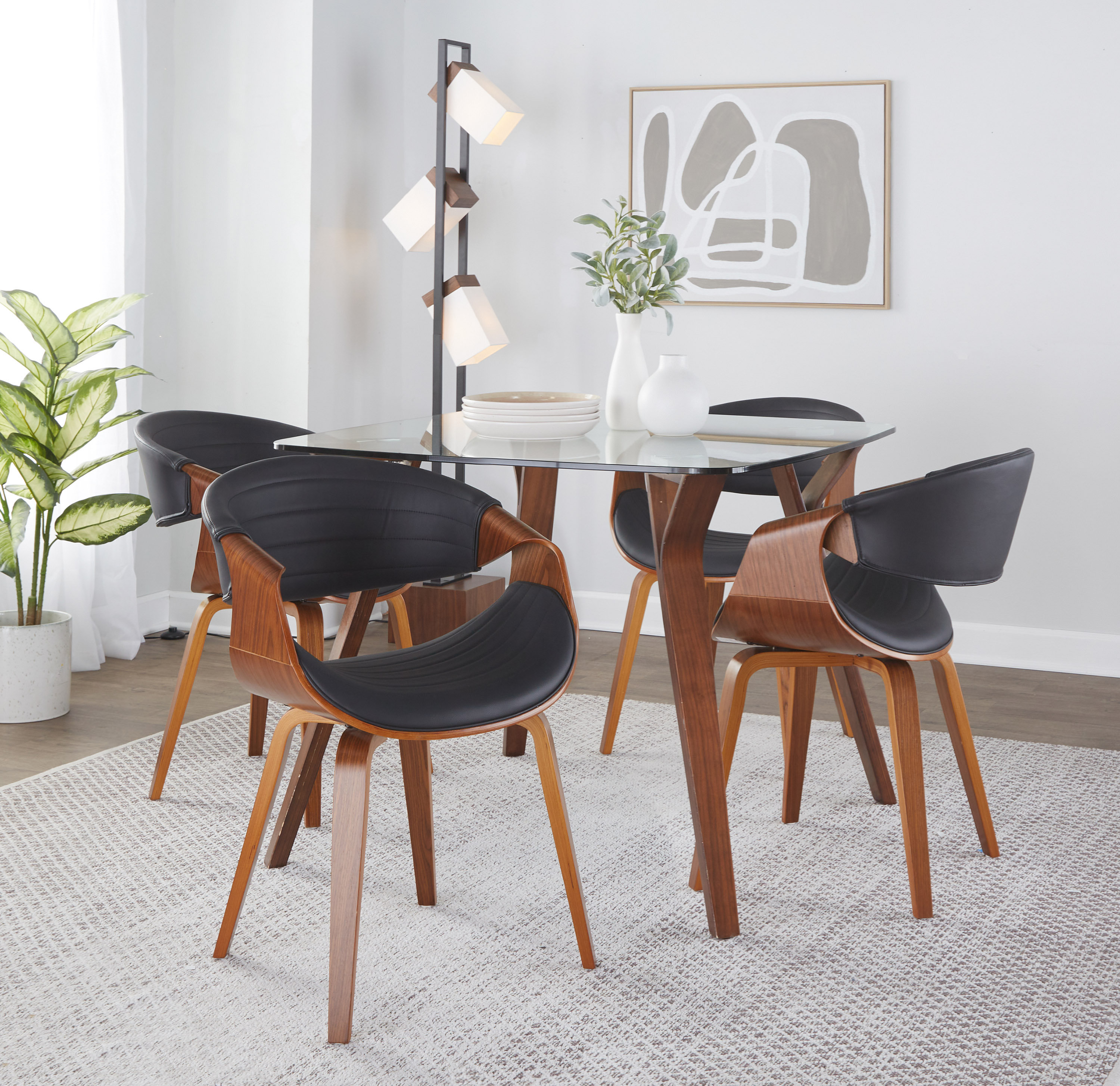Solara/Maxim 5pc Glass Dining Table Set With Black Faux Leather Chairs