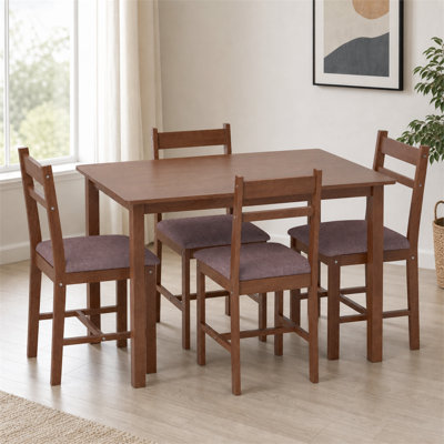 Light brown solid wood 5 piece dining set for four rustic kitchen table with padded chairs for dining room
