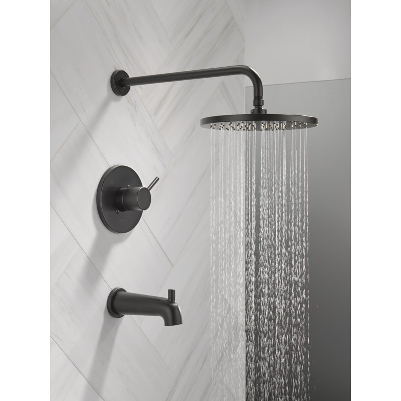 Modern Raincan Round Single-Function Tub and Shower Faucet Set, Valve Trim Kit, Rainfall Shower Head, Matte Black