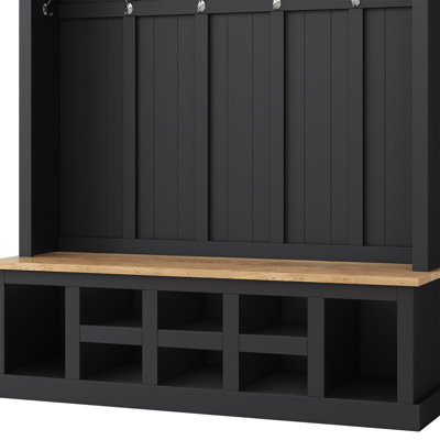 Farmhouse Wooden Style Hall Tree with Wide Storage Seating Bench, Entryway Shoe Cabinet with 13 Compartments, Elegant Coat Rack with 6 Hooks for Mudroom, Living room