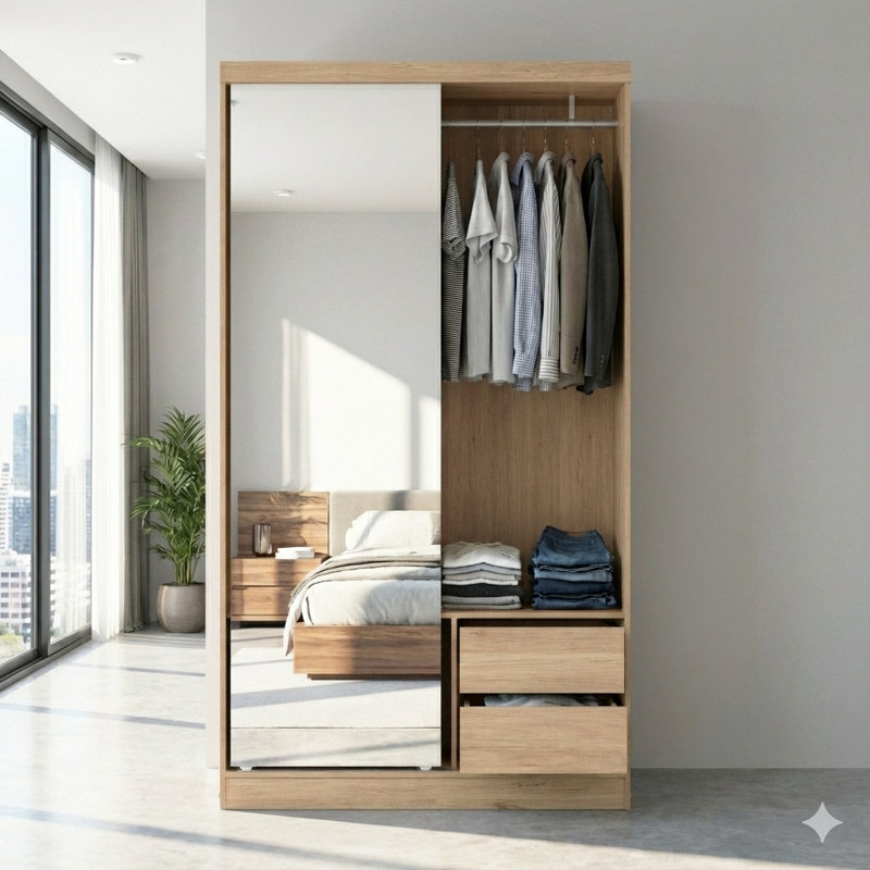 Armoire-penderie Eliason, Blanc / chêne naturel