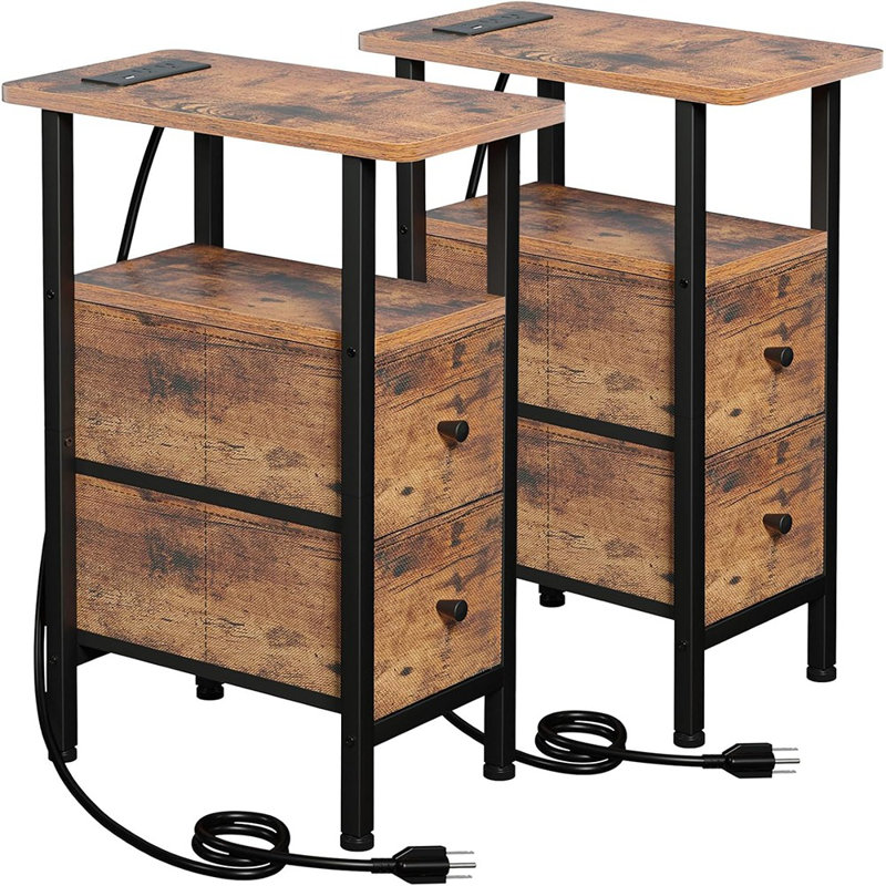 Set Of 2 Slim Nightstands With Charging Station, Skinny Side Tables, Rustic Brown