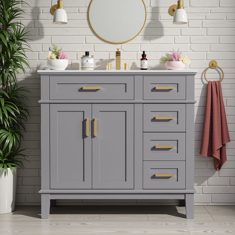 Meuble-lavabo 36 po avec lavabo en céramique, armoire, tiroirs à fermeture en douceur, Gris