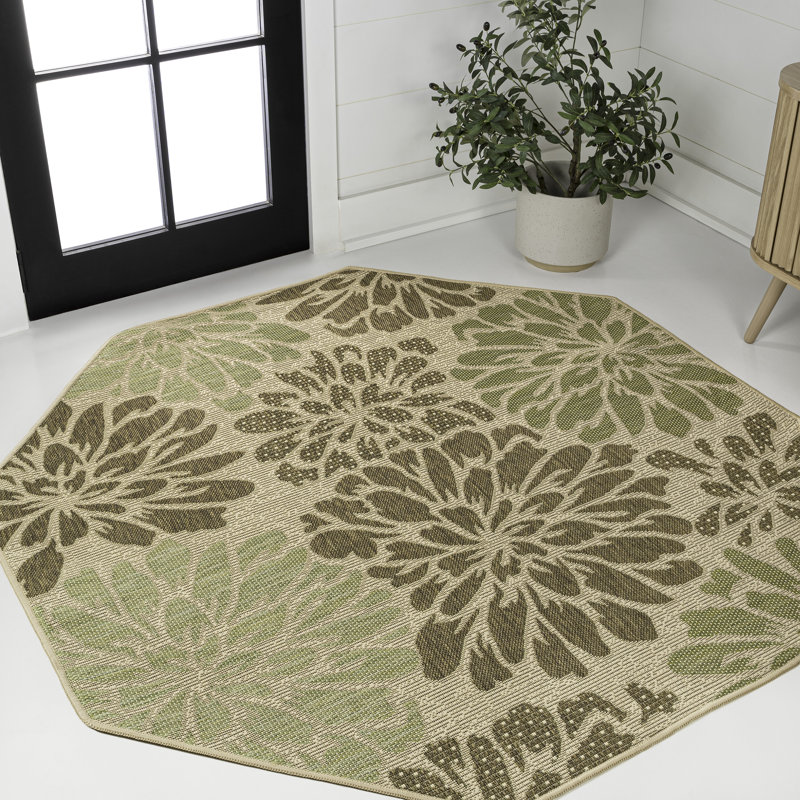 Hagy Modern Floral Textured Weave Sage/Brown Indoor/Outdoor Rug, Octagon 7'9"