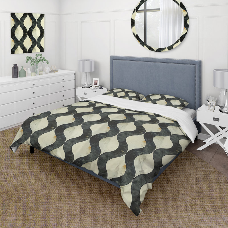 Ensemble de housse de couette noir beige Midcentury Ogee Print I - Midcentury