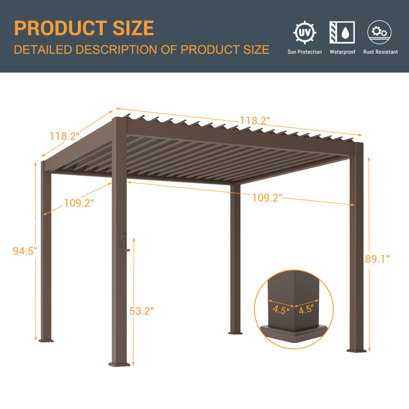 Outdoor Metal Frame Pergola with Adjustable Louvered Roof and Concealed Water Drainage System, 10 × 10ft 