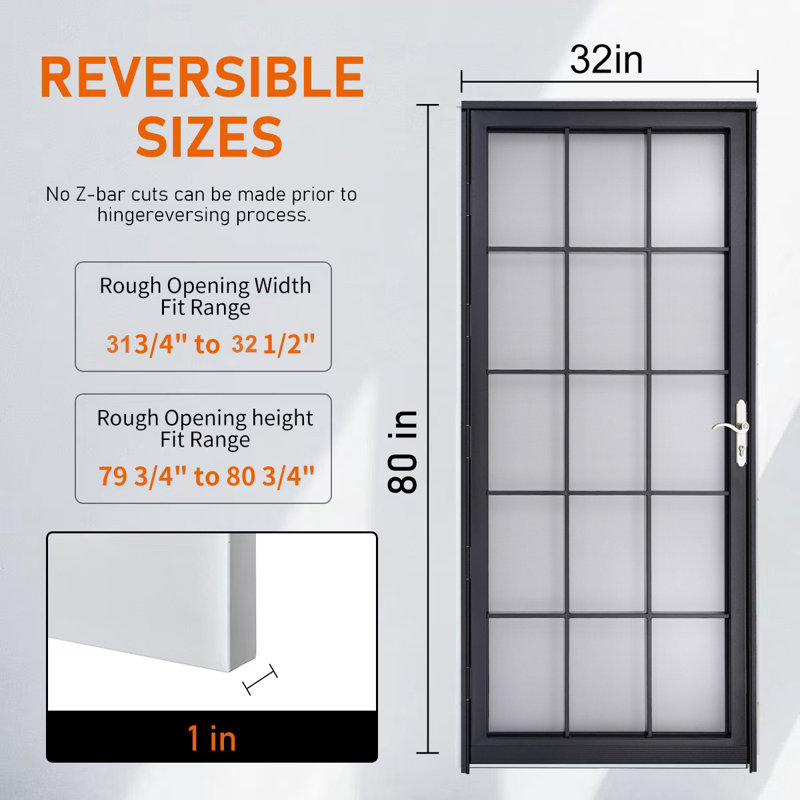 Porte de sécurité en acier gris de luxe Grisham, porte de tempête en fer 32 × 80 pouces, Noir mat, L 32 po x H 80 po