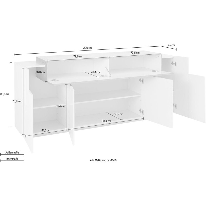 Aadaya 200cm Sideboard, Matte White/Glossy White