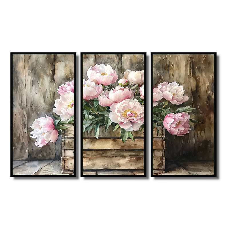 Pivoine campagnarde chic bouquet - art mural pivoines - ensemble de 3, H 28 po x l 36 po, Noir