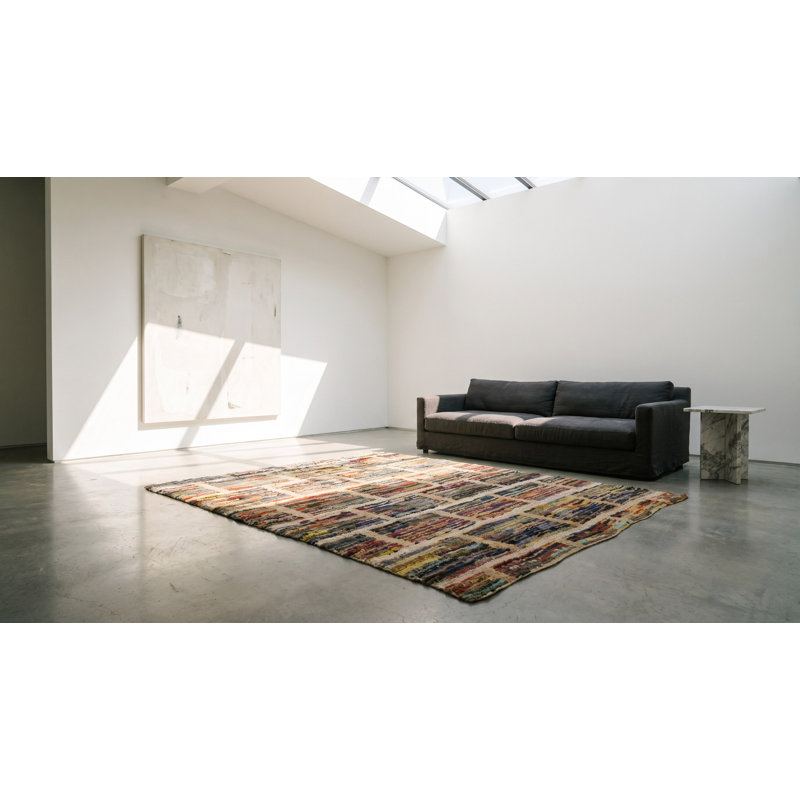Antique Geometric Layered Brick Pattern American Hooked Rug
