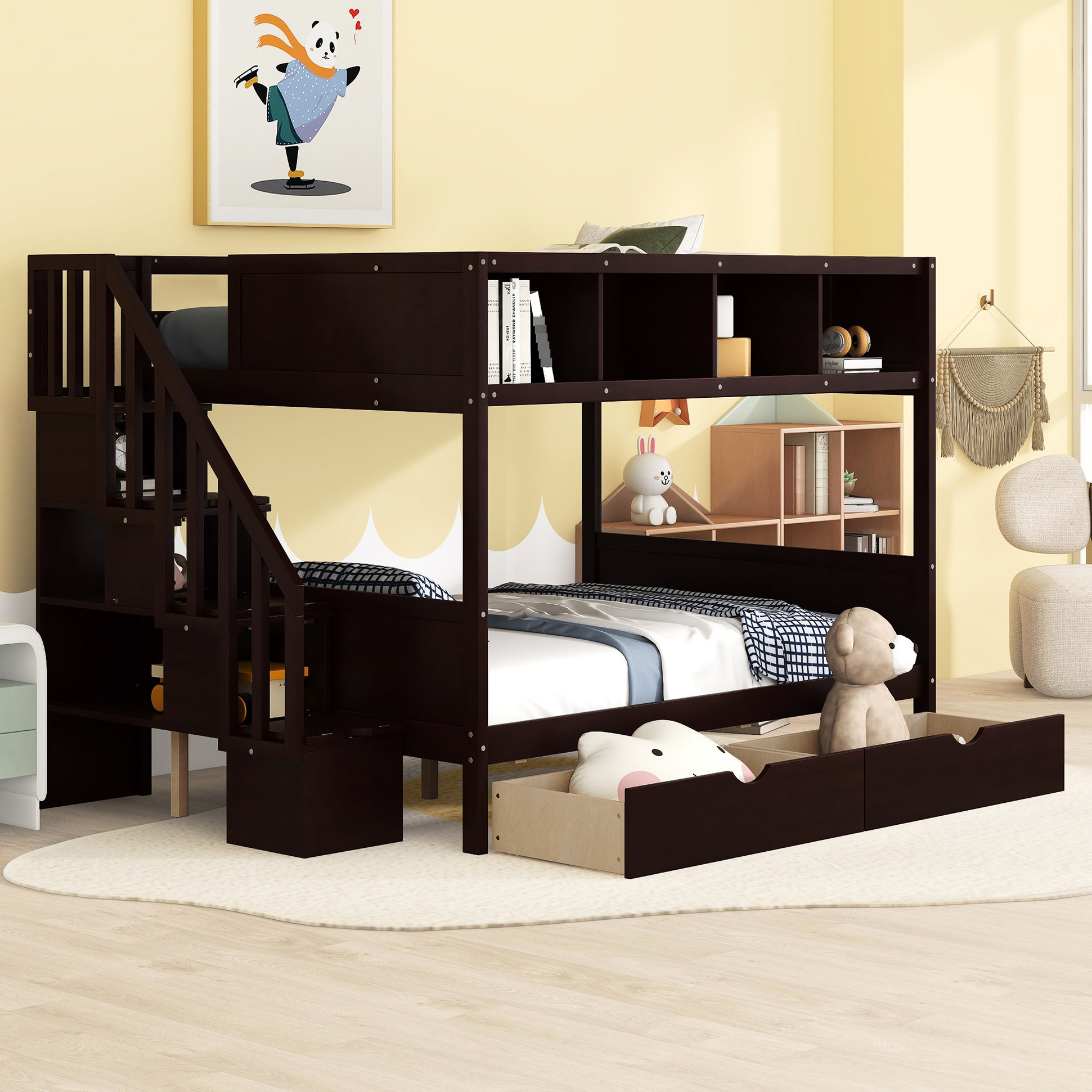 Harriet Bee Twin Over Full Bunk Bed With Storage Shelf, 2 Drawers In ...
