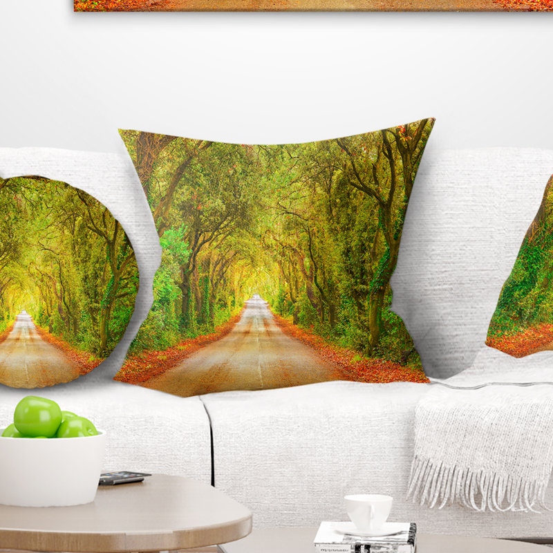 Coussin de forêt vert automne et route, 16 po x 1 po, Coussin décoratif