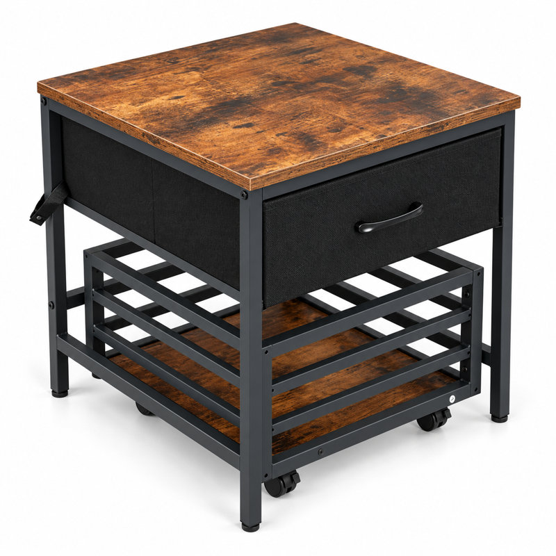 Support d'imprimante 3D industriel avec tiroir en tissu et panier de rangement à roulettes amovible, brun rustique et noir