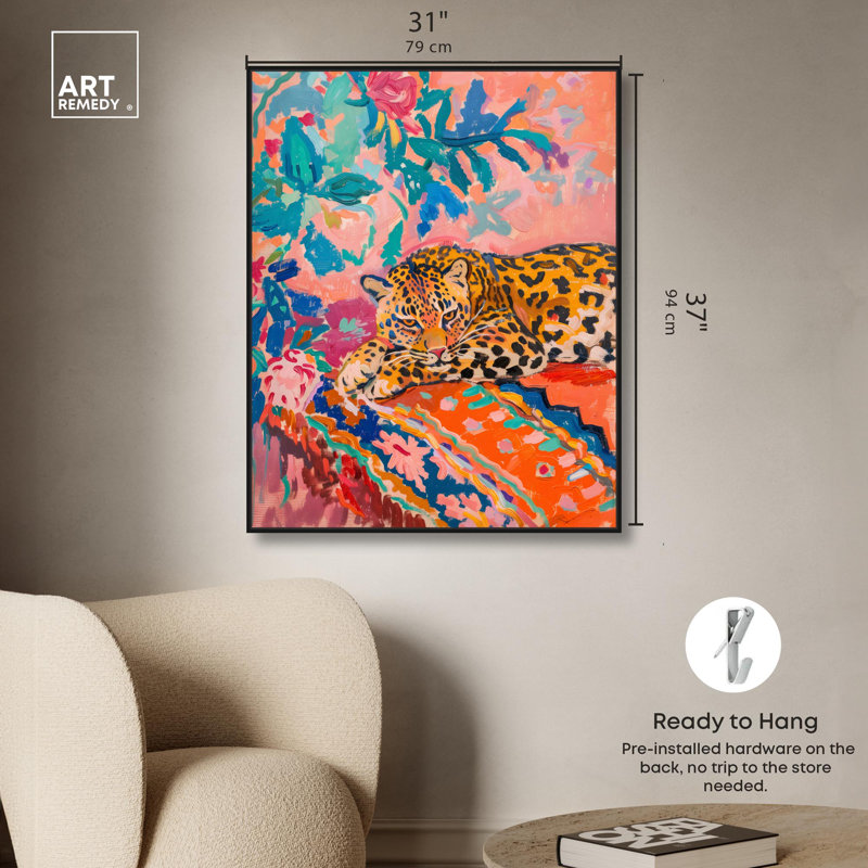 Jungle Cat in Color Canvas, art maximaliste par Art Remedy, H 37 po x l 31 po, Cadre flottant noir