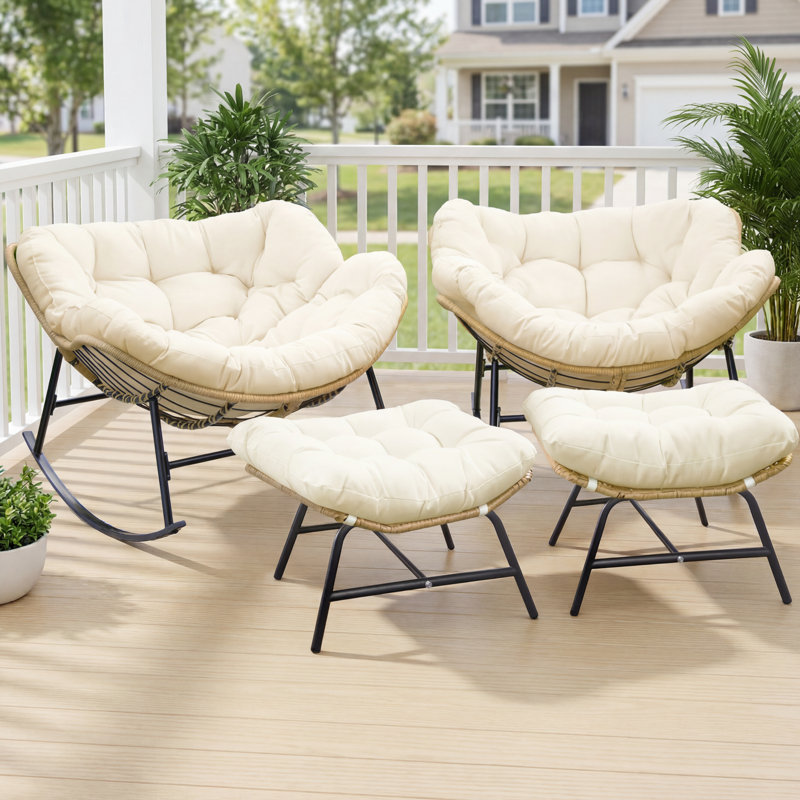 Ensemble de chaises berçantes d'extérieur pour 2 personnes avec coussins et repose-pieds, Beige
