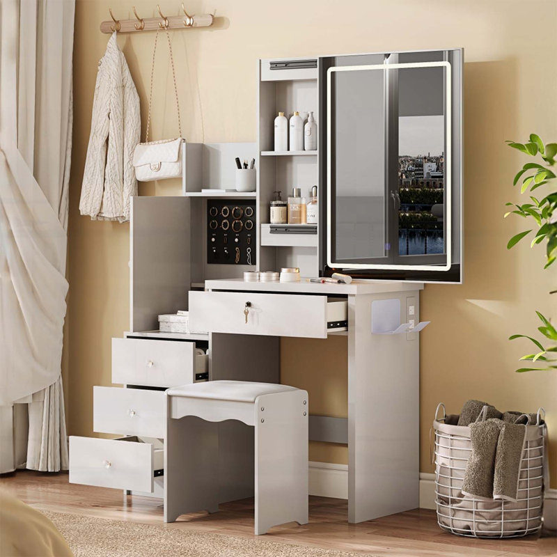 Ensemble de coiffeuse avec miroir lumineux coulissant, coiffeuse à maquillage avec 4 tiroirs, 9 espaces de rangement et tabouret rembourré, idéal pour les routines modernes de beauté