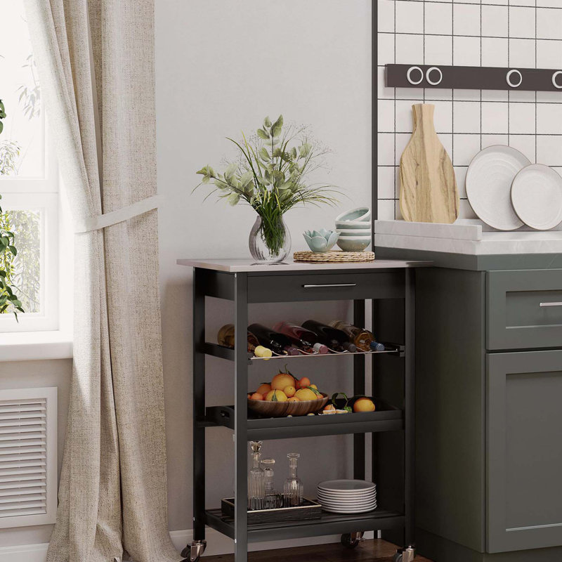 Chariot de service pour chariot de cuisine avec plateau en acier inoxydable, support à vin et tiroir