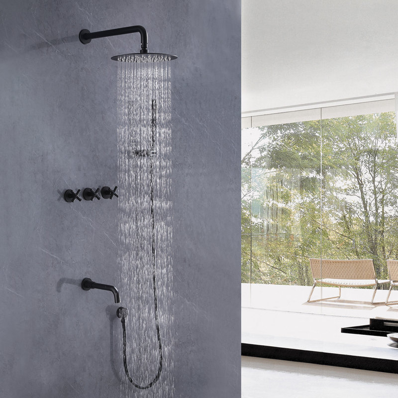 Ensemble de système de douche rond 10 po avec bec de baignoire, ensemble de robinet de douche à 3 fonctions mural avec valve brute
