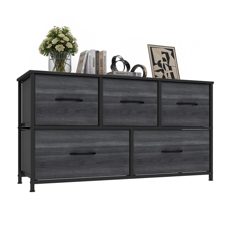 Commode de rangement avec 5 tiroirs de 2 tailles différentes, Grain de bois noir