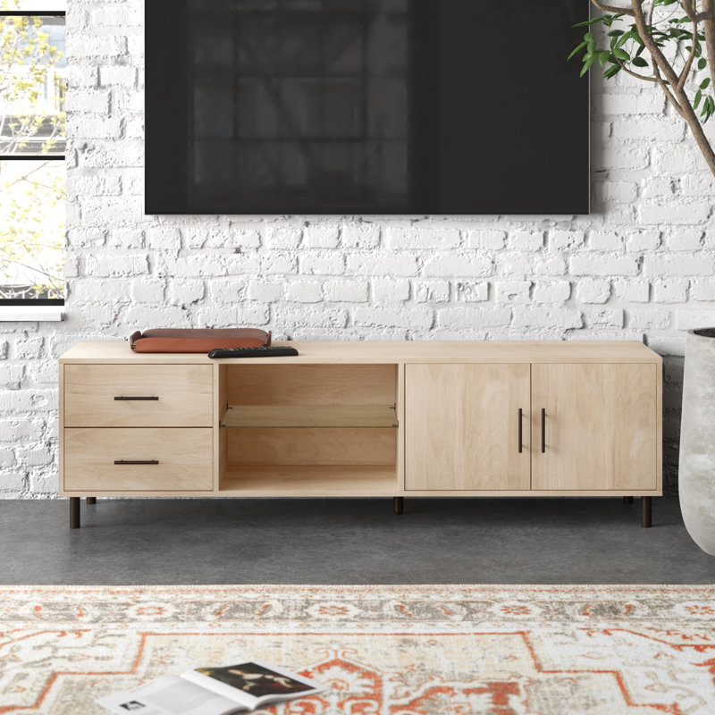 Sabion 2-Drawer and 2-Door 70" TV Stand for 80" TVs with Glass Shelf, Birch