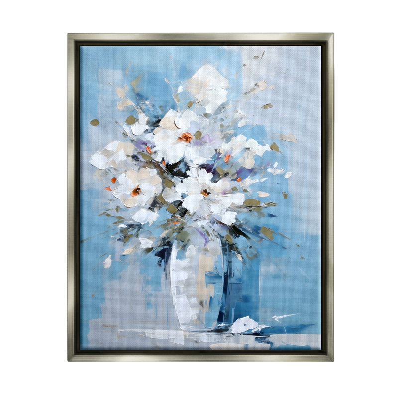 Bouquet blanc et bleu par Ray Powers, Cadre flottant gris lustré, H 31 po x l 25 po x P 1,7 po