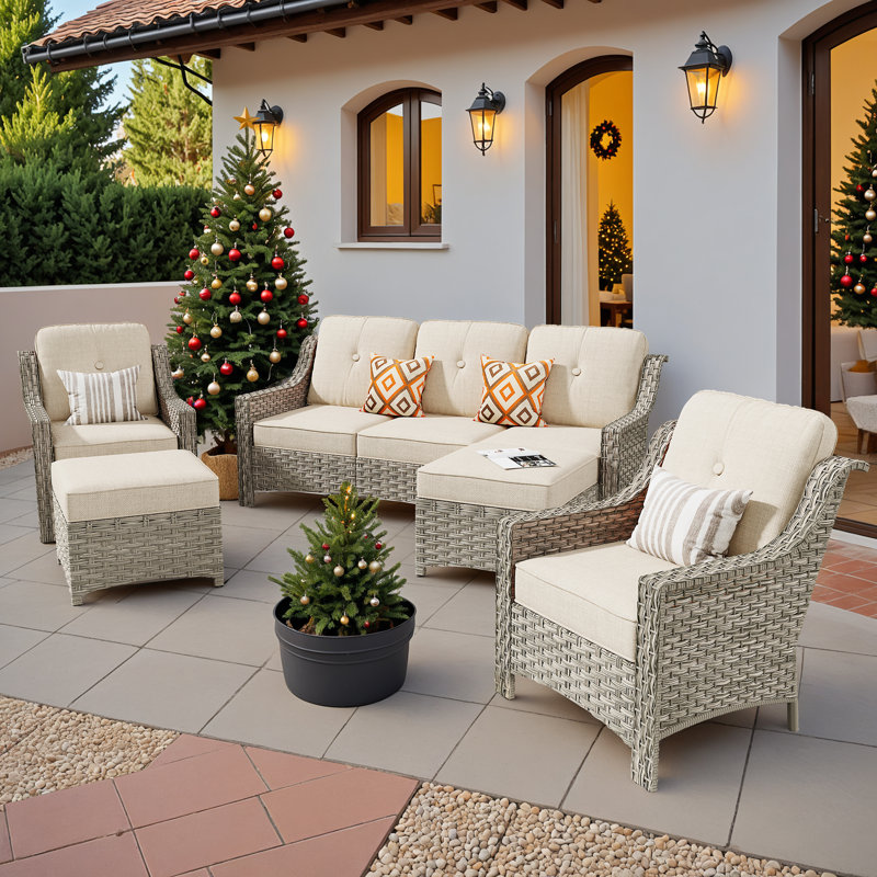 Harper Wicker 7 - Person Patio Conversation Set with Cushions, Beige
