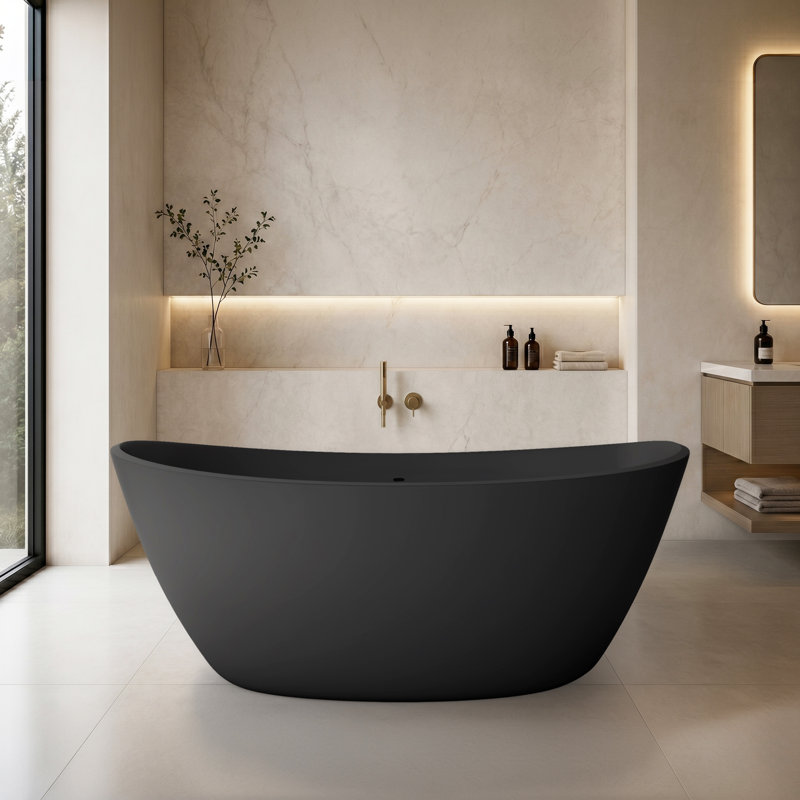 Manhattan 64" x 33" Freestanding Soaking Tub, Solid Surface Stone Resin Oval Bathtub - Black, Black