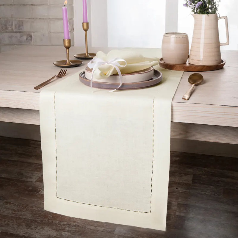 D'Moksha Homes Classic Hemstitch Linen Table Runner, 108"L x 14"D, Ivory
