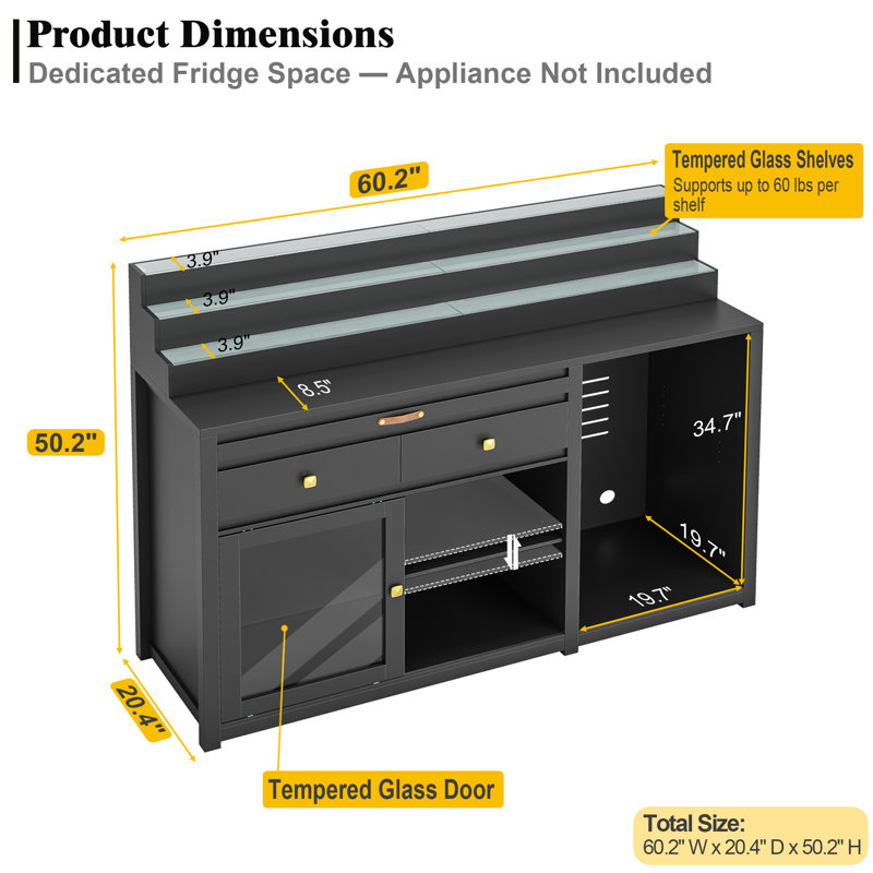 Meuble-bar de 153 cm (60,2 pouces) avec compartiment réfrigérateur, présentoir à 3 niveaux, noir