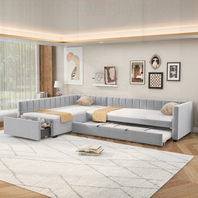 L-Shape Upholstered Double Twin Size Daybed with Trundle and Drawer, Perfect for Space-Saving and Guest Accommodation.
