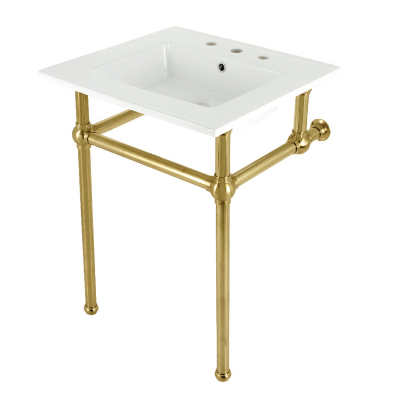 Kingston Brass Templeton 25-Inch Ceramic Console Sink with Brass Legs (8-Inch, 3-Hole), White/Brushed Brass