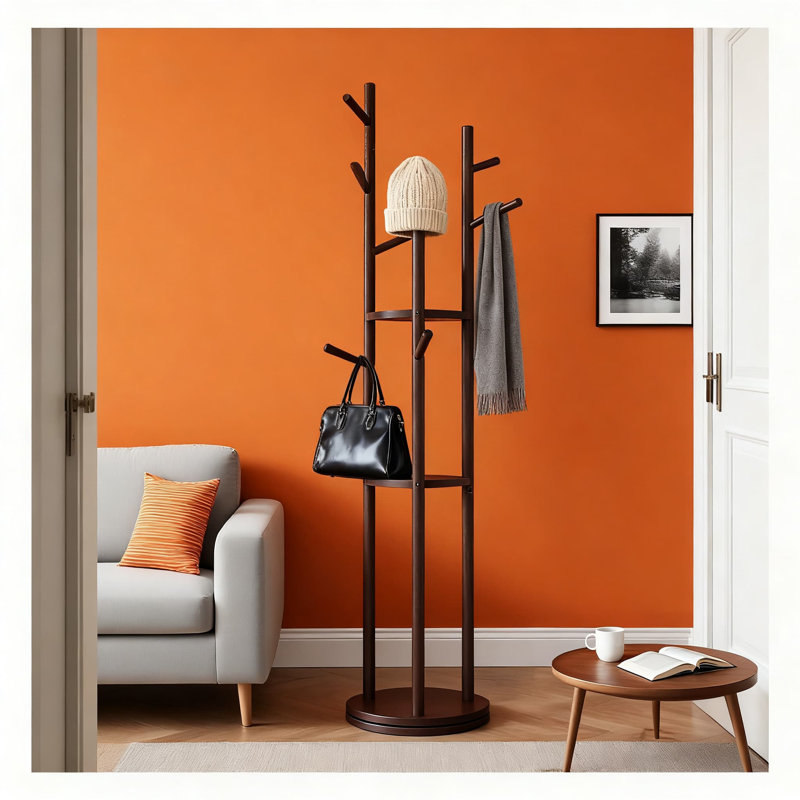 Freestanding Coat Rack With 9 Hooks And 3 Rotating Storage Trays, Solid Wood Entryway Coat Tree For Hanging Clothes, Hats, And Shoes, Space-Saving Clothing Rack For Bedroom Or Hallway