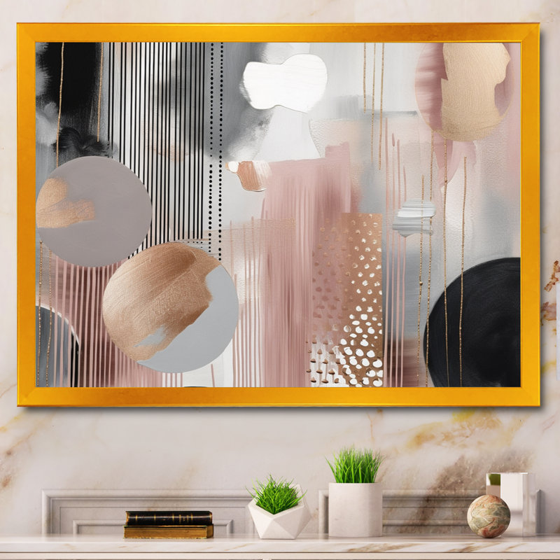 «Pink Rosegold Captivating Circle II - Modern Shapes», reproduction sur toile transitionnelle, Encadrement doré