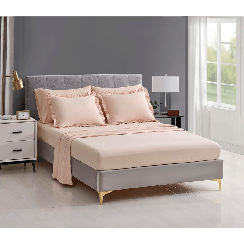 Ruffled Edge Microfiber Bed in a Bag Comforter Set, Blush, Oversized Queen Comforter + 6 Additional Pieces