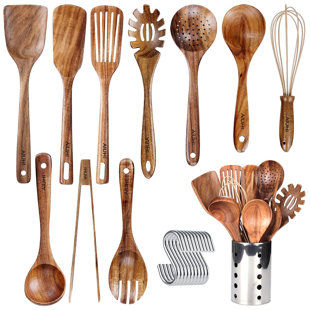 Ensemble d'ustensiles de cuisine 11 pièces, ensemble d'ustensiles de cuisine en bois, avec crochets en S à suspendre