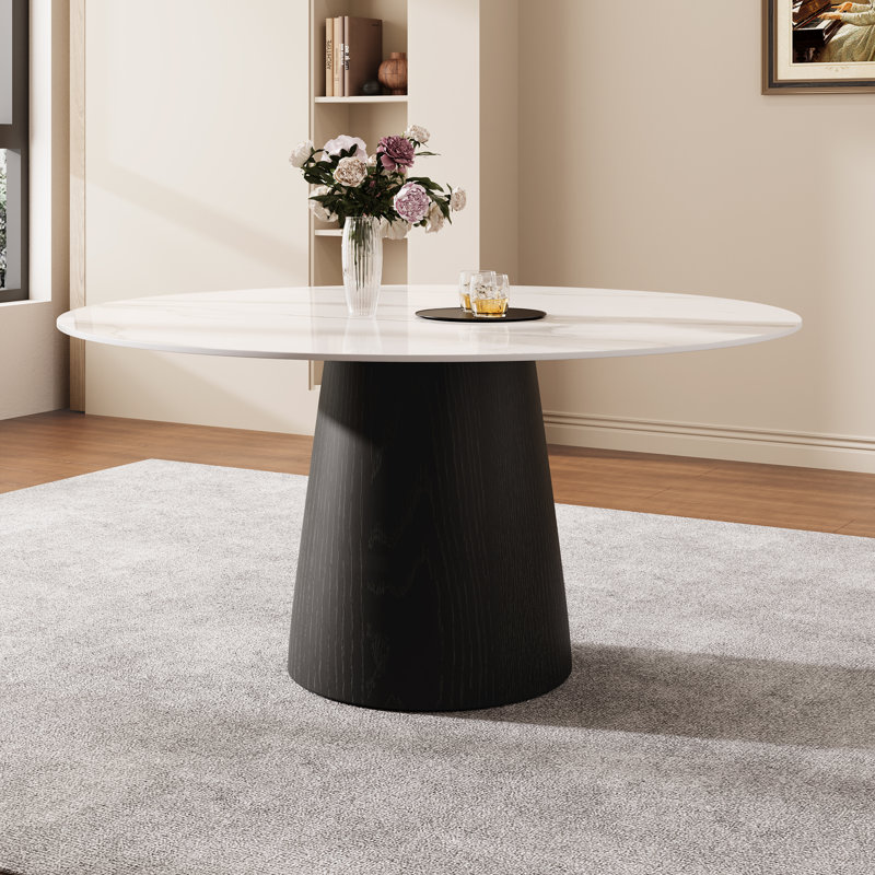 Modern Round Dining Table With Solid Wood Pedestal For 4-6 people Gullu Abdou, 29.52"H x 59.05"L x 59.05"W, Black