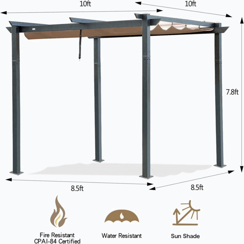Palawan Aluminum Retractable Pergola with Canopy, Brown, Gray, 10 ft. x 10 ft