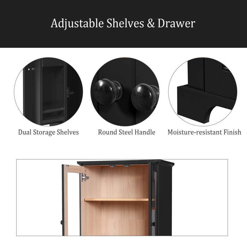 Tall Bathroom Storage Cabinet With Tempered Glass Doors, Adjustable Shelves & Drawer – Modern Freestanding Linen Tower, Soft-Close Design