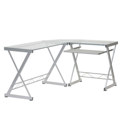 Techni Mobili L-Shaped Tempered Glass Top Computer Desk With Pull Out Keyboard Panel