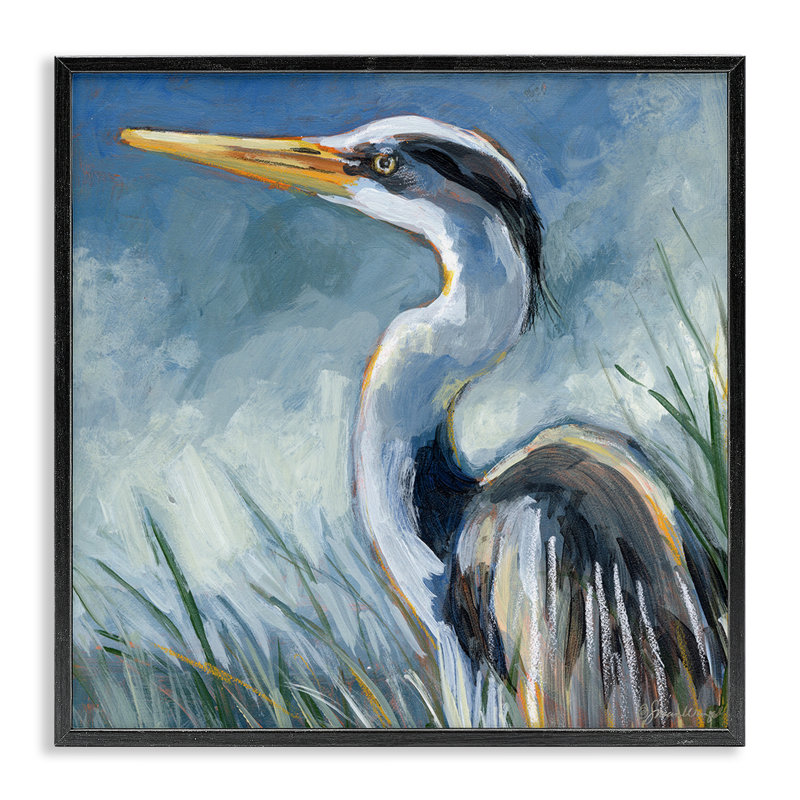 Héron regardant avec des herbes, estampe numérique, design par Susan Winget, Giclée encadrée noir minuit, H 12 po x l 12 po