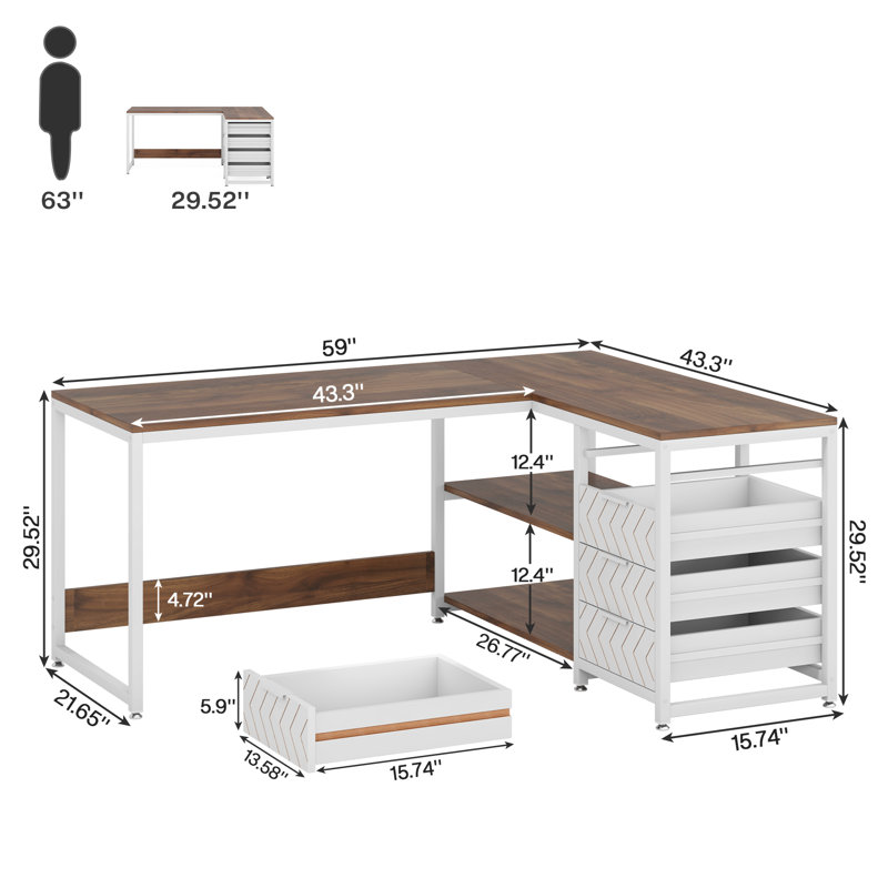 L-Shaped Computer Desk, Multi-Functional Desk with Shelves and Storage Drawers, Brown/White