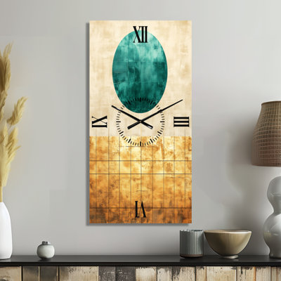 Teal Sun over Golden Grids I - Green Mid-Century Wall Clock