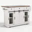 Îlot de cuisine roulant de style ferme de 147 cm (58 po) avec rangement, porte coulissante de style grange et panneau latéral en métal ajouré, 5 roulettes, étagère à épices et porte-verres, table d'îlot rabattable pour la cuisine, blanc